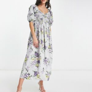 ASOS DESIGN cotton shirred corset midi dress in floral print-Multi