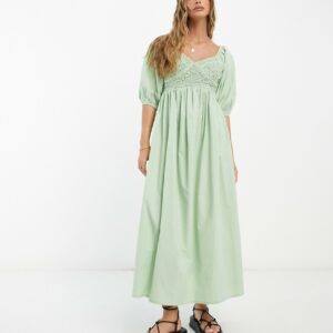 ASOS DESIGN cotton shirred corset midi dress in sage green