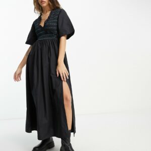 ASOS DESIGN cotton shirred wrap midi smock dress in black