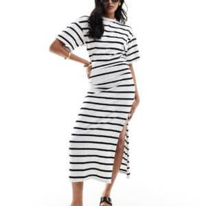 ASOS DESIGN crew neck midi t shirt dress with ruched side in black and white stripe-Multi