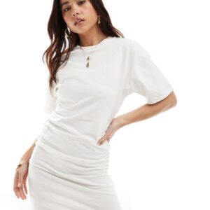 ASOS DESIGN crew neck mini t shirt dress with ruched sides in ivory-White