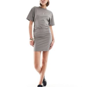 ASOS DESIGN crew neck mini t shirt dress with ruched sides in silver grey