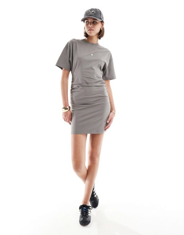 ASOS DESIGN crew neck mini t shirt dress with ruched sides in silver grey