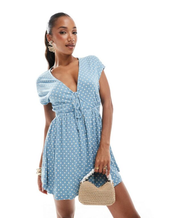 ASOS DESIGN crinkle short sleeve v neck tie front mini tea dress in blue polka dot-Multi