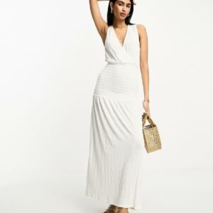 ASOS DESIGN crinkle v neck maxi smock dress with shirred waist in off white