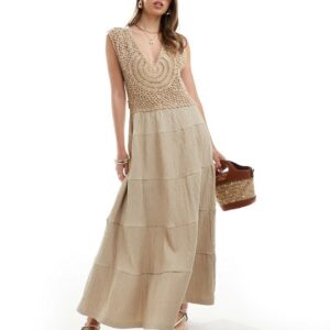 ASOS DESIGN crochet bodice maxi dress with tiered skirt in stone-Neutral