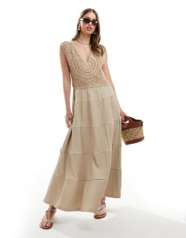 ASOS DESIGN crochet bodice maxi dress with tiered skirt in stone-Neutral