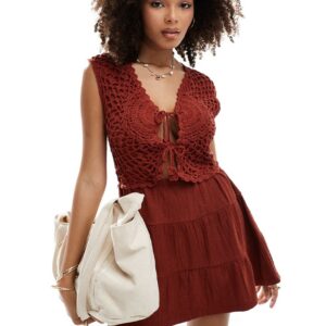 ASOS DESIGN crochet bodice mini dress with tiered skirt in red