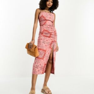 ASOS DESIGN cupped cowl midi sundress with ruching detail in bandana print-Multi