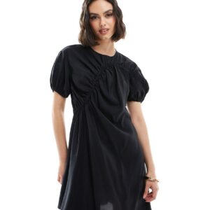 ASOS DESIGN cupro puff sleeve mini smock dress with ruching detail in black