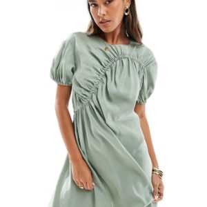 ASOS DESIGN cupro puff sleeve mini smock dress with ruching detail in sage green