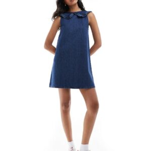 ASOS DESIGN denim shift dress with collar in midwash blue