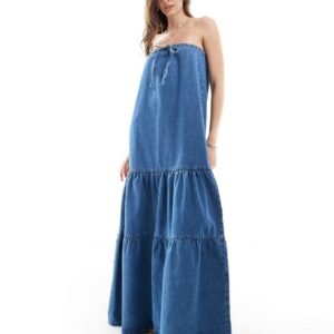 ASOS DESIGN denim tiered maxi dress in mid blue