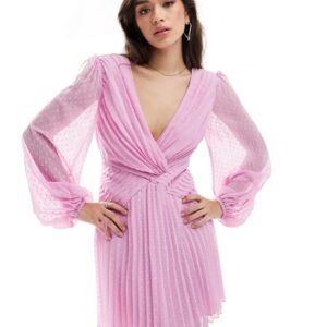 ASOS DESIGN dobby angel sleeve deep plunge wrap pleated mini dress in lilac-Purple