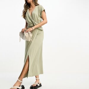 ASOS DESIGN drape wrap front midi tea dress in sage-Green