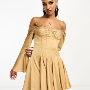 ASOS DESIGN draped corset off the shoulder satin mini dress with godet in gold