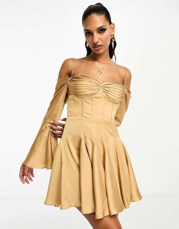 ASOS DESIGN draped corset off the shoulder satin mini dress with godet in gold