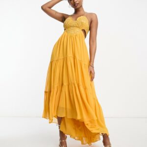 ASOS DESIGN embellished bodice tiered maxi dress with hi low hem and open back in mustard-Yellow