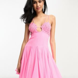 ASOS DESIGN embellished crochet cut out mini skater dress with godet in bright pink