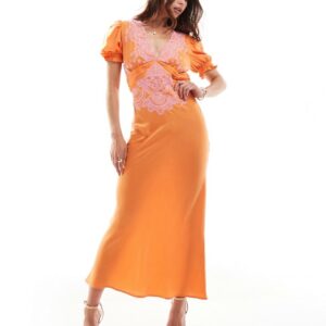 ASOS DESIGN embroidered satin midi tea dress in orange with lilac embroidery-Multi