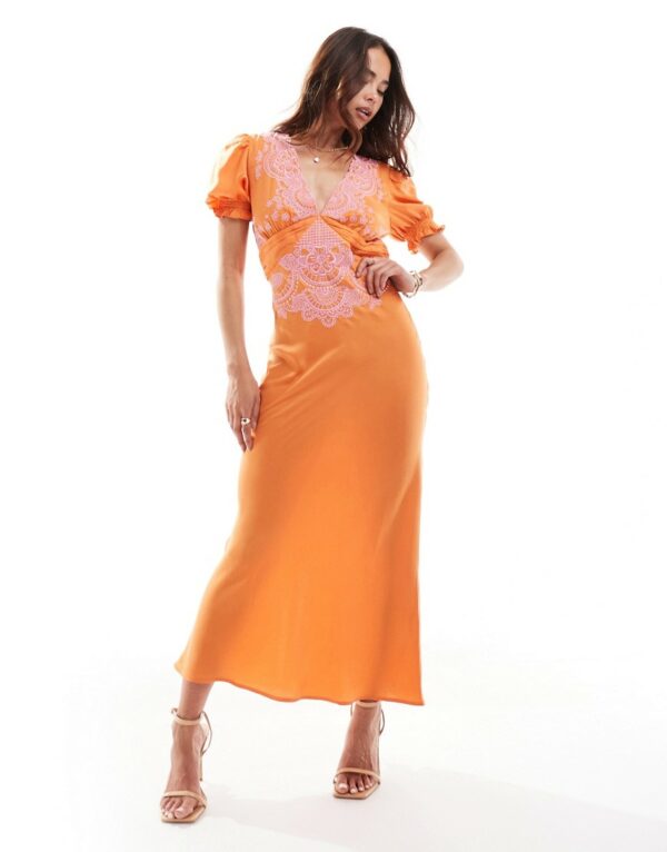 ASOS DESIGN embroidered satin midi tea dress in orange with lilac embroidery-Multi