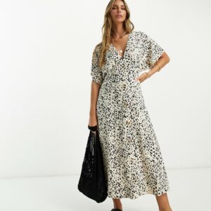 ASOS DESIGN flutter sleeve midi tea dress with buttons in animal-Multi