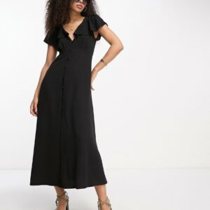 ASOS DESIGN flutter sleeve midi tea dress with buttons in black