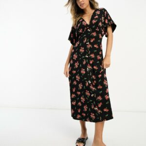 ASOS DESIGN flutter sleeve midi tea dress with buttons in black floral print-Multi