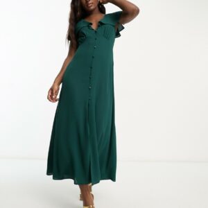 ASOS DESIGN flutter sleeve midi tea dress with buttons in bottle green