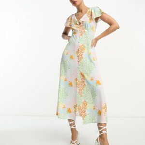 ASOS DESIGN flutter sleeve midi tea dress with buttons in multicoloured print