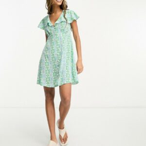 ASOS DESIGN flutter sleeve mini tea dress with buttons in blue tile print-Multi