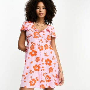 ASOS DESIGN flutter sleeve mini tea dress with buttons in pink and red floral print-Multi