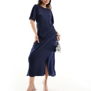 ASOS DESIGN flutter sleeve wrap midi dress in navy