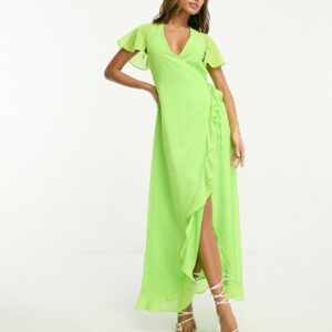 ASOS DESIGN frill detail wrap maxi dress in bright lime dobby-Green