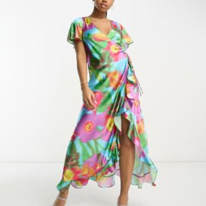 ASOS DESIGN frill detail wrap maxi satin dress in large bold floral print-Multi