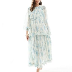 ASOS DESIGN frill tiered hem maxi dress in blue floral-Multi