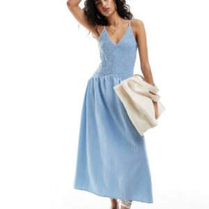 ASOS DESIGN full skirt midi crinkle sundress in boyfriend blue