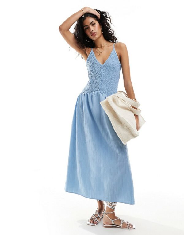 ASOS DESIGN full skirt midi crinkle sundress in boyfriend blue