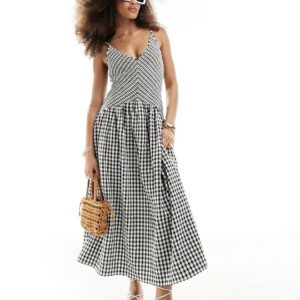 ASOS DESIGN full skirt midi crinkle sundress in mono gingham check-Multi