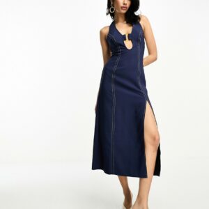 ASOS DESIGN halter bodycon midi dress stitch with contrast stitching and hardwear trim in navy