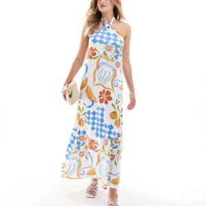 ASOS DESIGN halter neck knot detail trapeze midi dress in postcard print-Multi