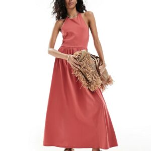 ASOS DESIGN halter neck low back maxi sundress in mineral red-Pink