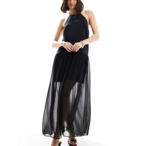 ASOS DESIGN halter trapeze cupro and chiffon maxi dress in black