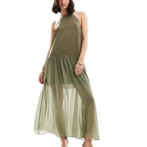 ASOS DESIGN halter trapeze cupro and chiffon maxi dress in khaki-Green