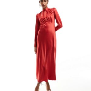 ASOS DESIGN high neck maxi satin tea dress in dark red