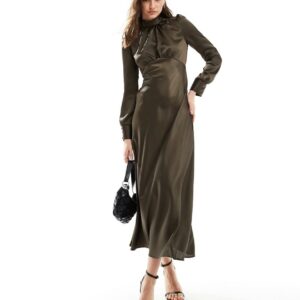 ASOS DESIGN high neck maxi satin tea dress in khaki-Green