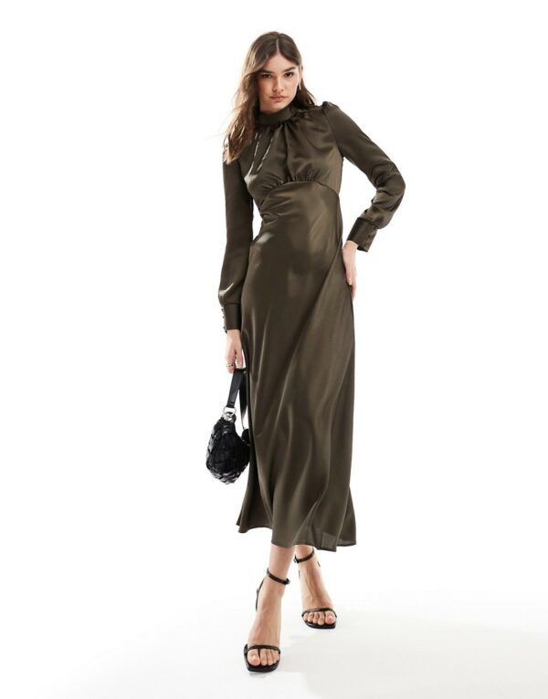 ASOS DESIGN high neck maxi satin tea dress in khaki-Green