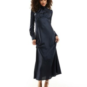 ASOS DESIGN high neck maxi satin tea dress in navy