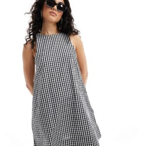 ASOS DESIGN high neck swing mini linen sundress in mono gingham-Multi