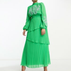 ASOS DESIGN high neck tiered pleated maxi dress with contrast embroidery in green